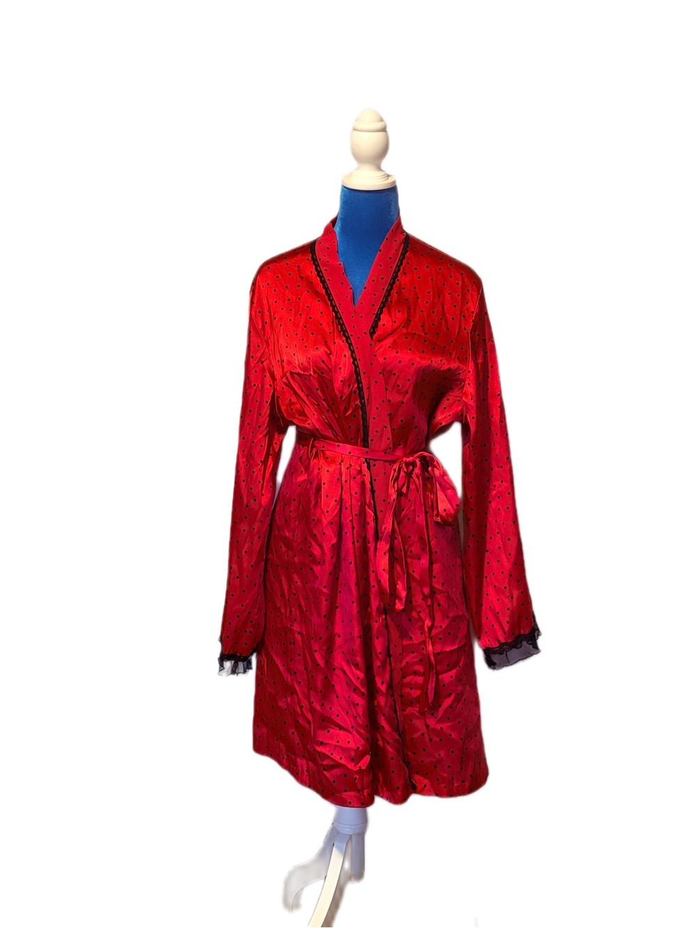 Red Satin Robe with Black Trim vintage size XL